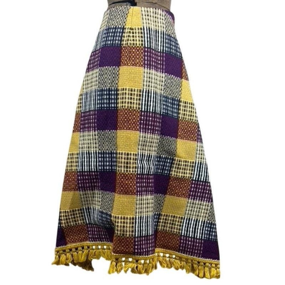 Vintage Womens (XS) 70s‎ Plaid Knit Skirt Handkerchief Tassel Fringe Patchwork